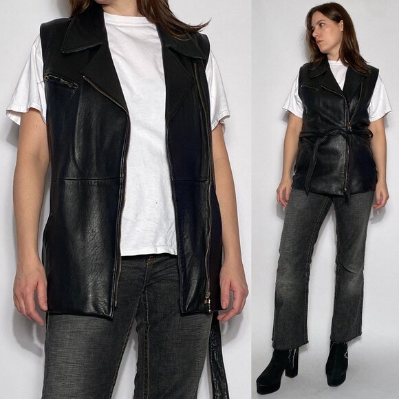 Vintage 1990s REAL LEATHER Long Tunic Motorcycle Biker Zip Up Vest! Medium - Picture 1 of 8